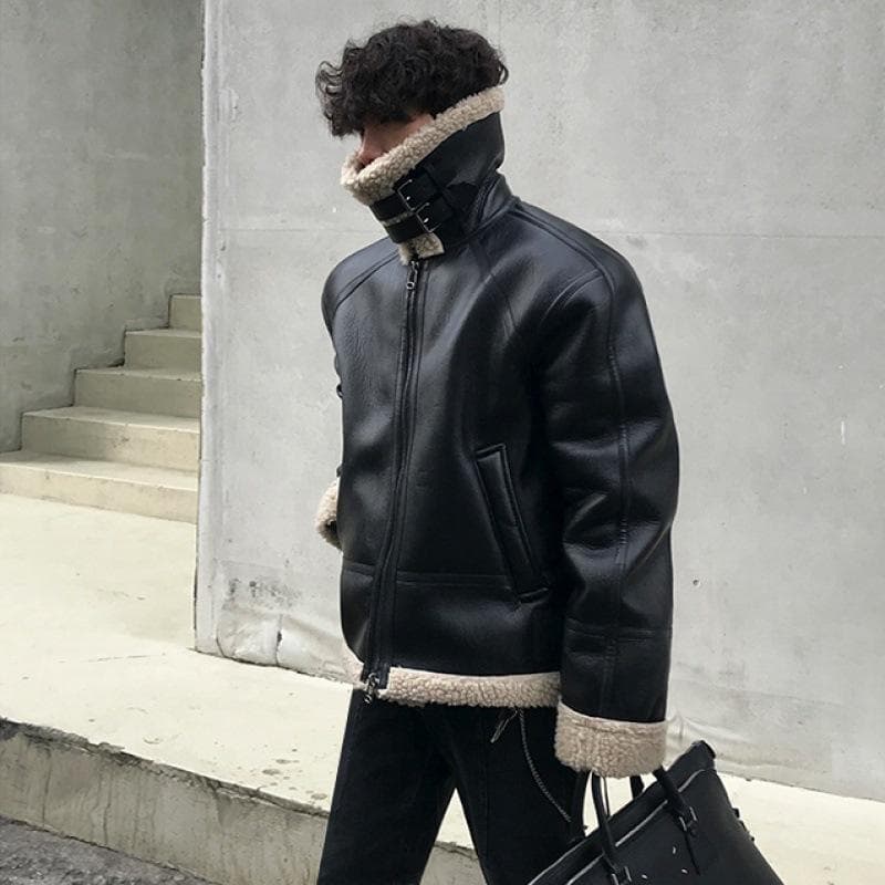 Plush Leather Jacket Men's Trendy Autumn and Winter Thickened Stand-up Collar Sherpa Leather Jacket Fur One-piece Jacket XL black