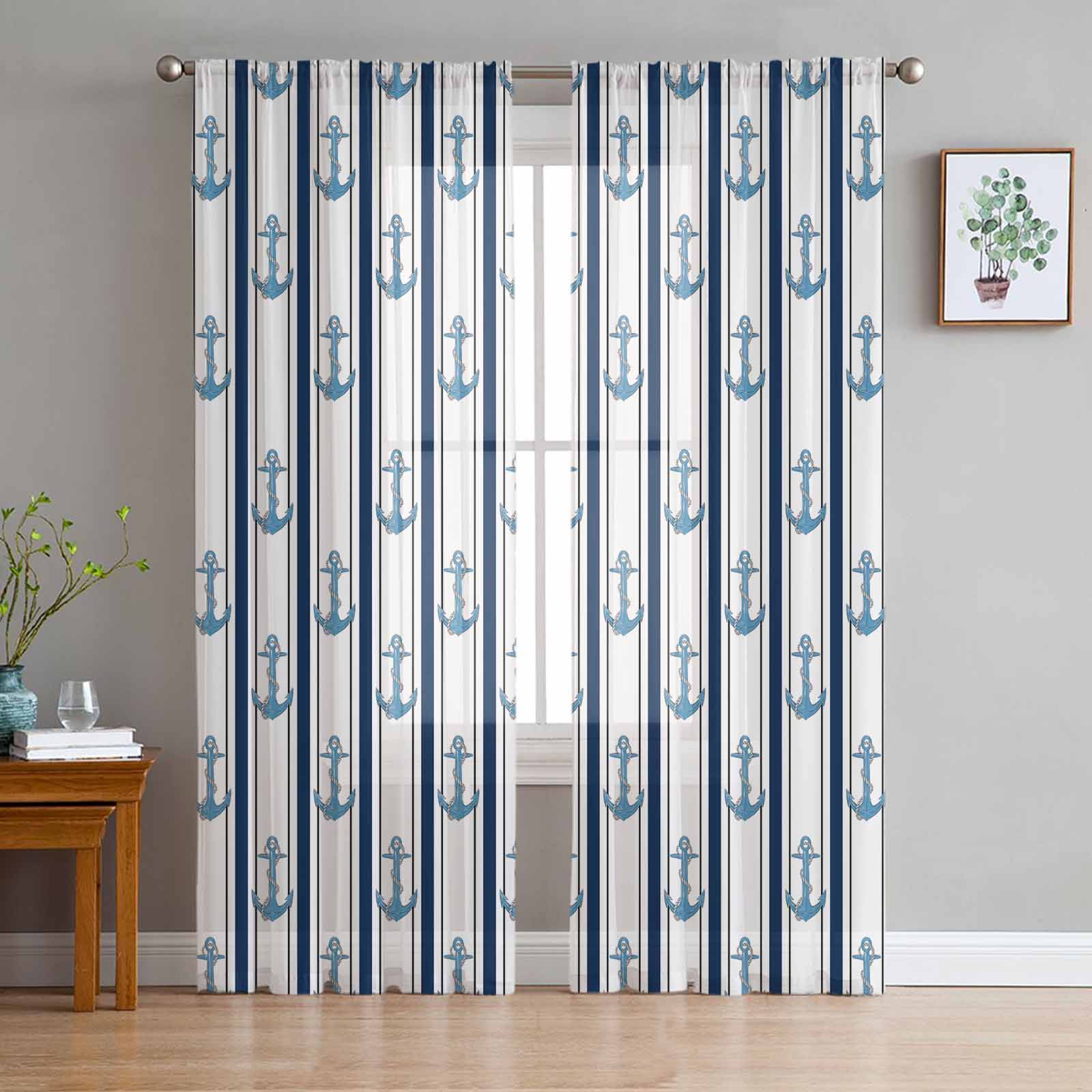 Anchor Line Rope Loop Tulle Window Curtains for Bedroom Luxury Home Decor Drapes in Living Room Chiffon Panels 135W x 114H(cm)