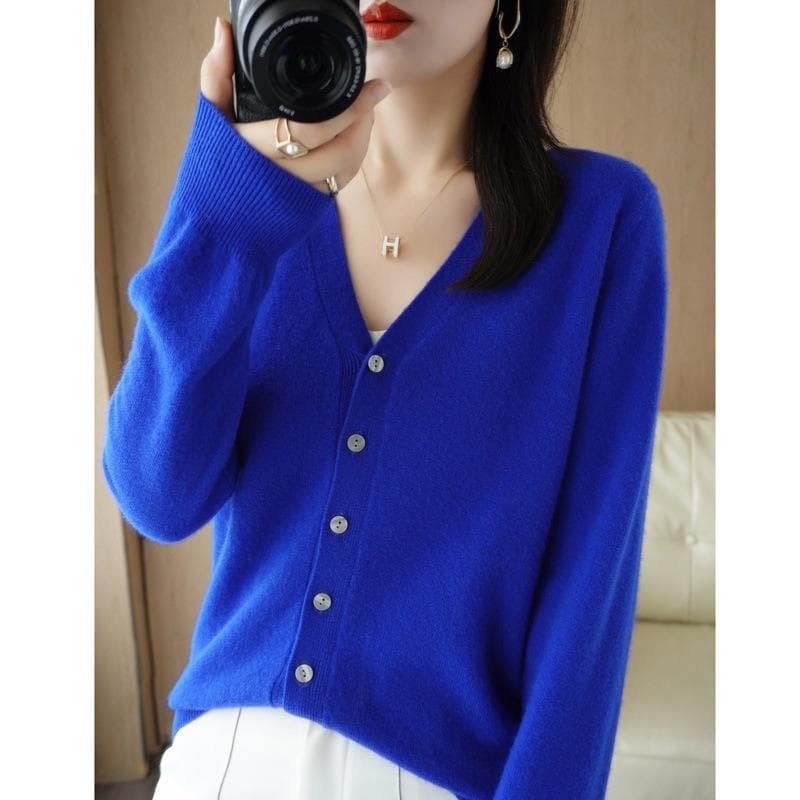 Spring and Autumn Women's Cardigan Jacket V-neck Knitted Cardigan Short Loose Peplum Sweater Thread Sweater S dark blue