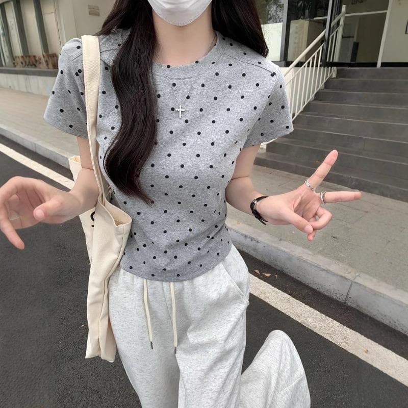 Polka Dot Short-sleeved T-shirt for Women's Summer New Design Slim Round Neck Straight Shoulder Slim Short Top XL grey