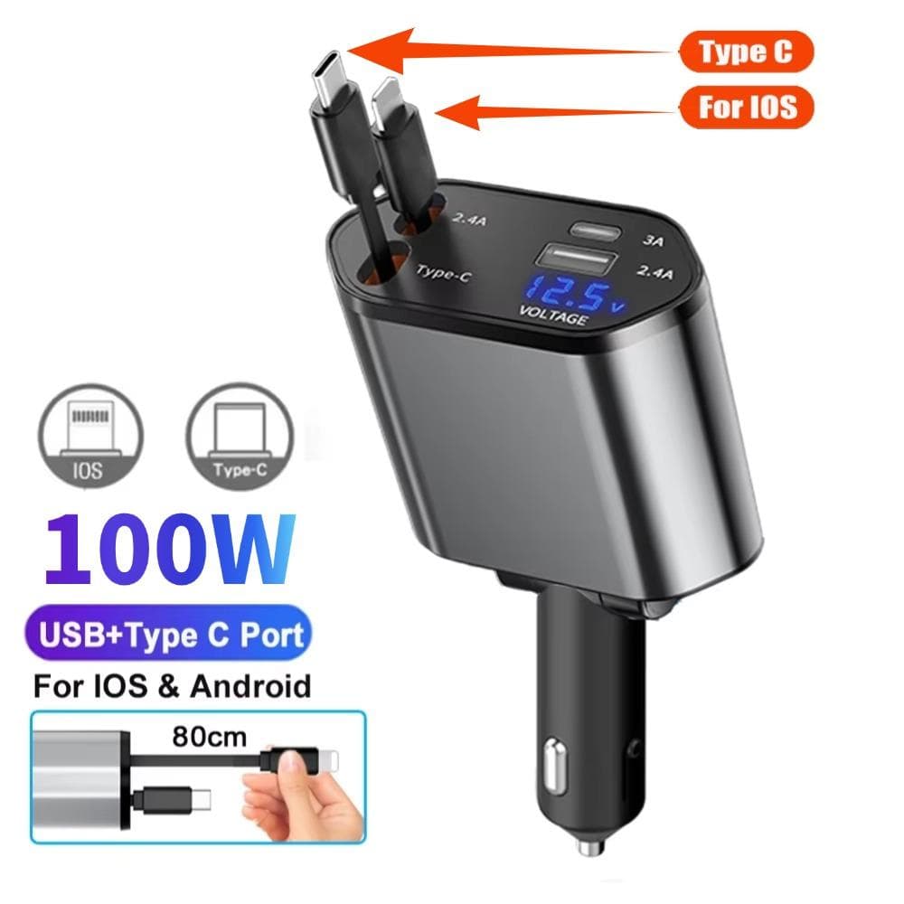 100W Car Charger USB Type C Super Fast Charge Flash Charging Retractable Cable Phone Car Charger For iphone Huawei Samsung with Voltage Display