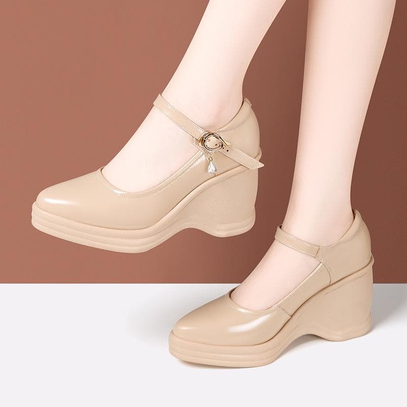 Waterproof Platform Wedge Heels Women's Soft Leather Thick-soled High-heel Anti-slip Shoes 35 apricot