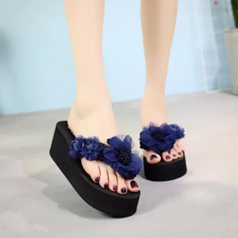 Flower Slope Heel Flip-flops Thick Soled High Heeled Slippers Women Beach Anti-skid Slippers Fashion Lightweight Comfortable Simple Casual 40