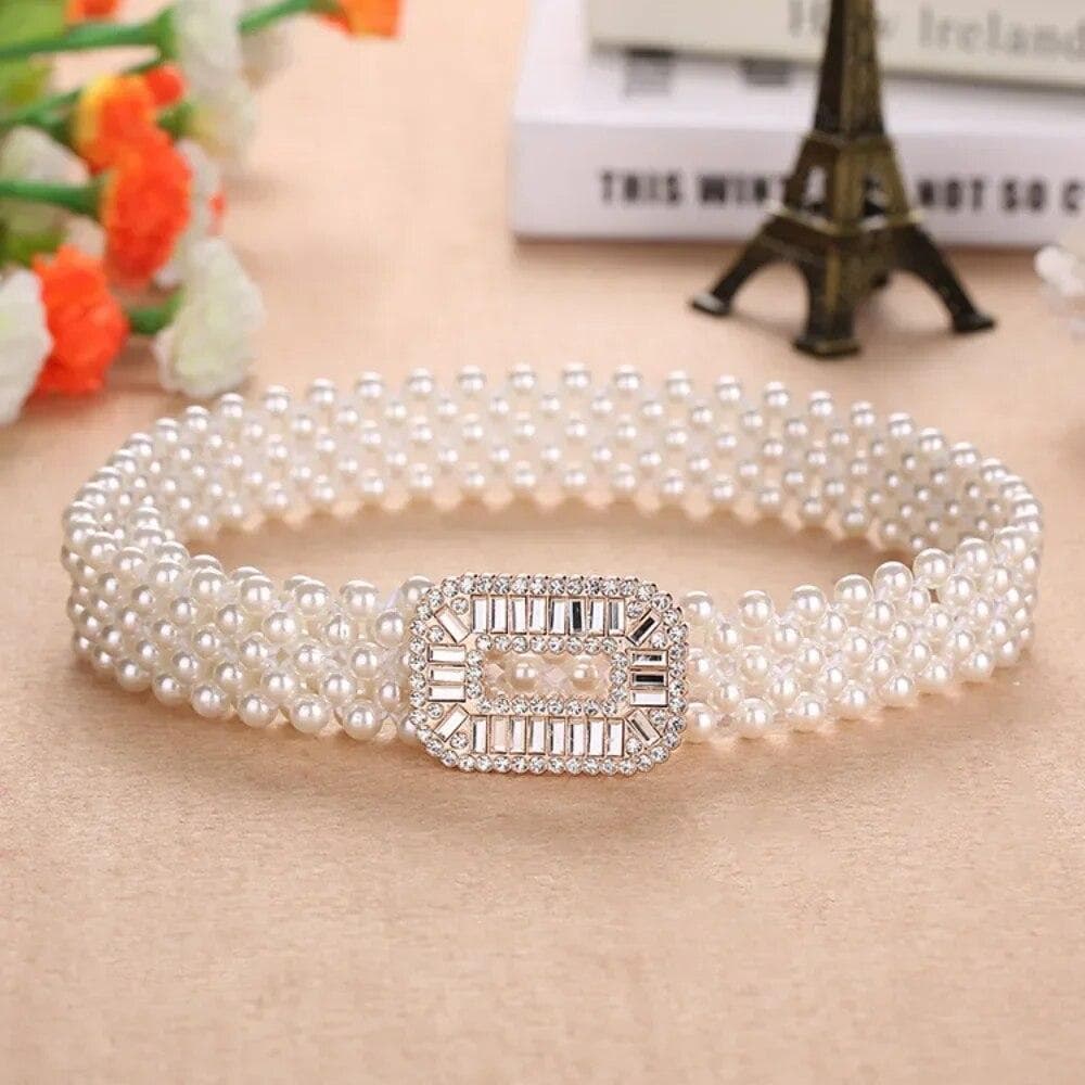 Elegant Women Pearl Waist Belt Elastic Buckle Pearl Chain Belt Female Girls Dress Crystal Strap Pearl Elastic Belt Luxury Brand white