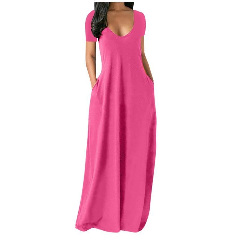 Solid Simple Dress, Casual Short Sleeve Maxi Dress With Pockets, Women's Clothing 2XL Rose