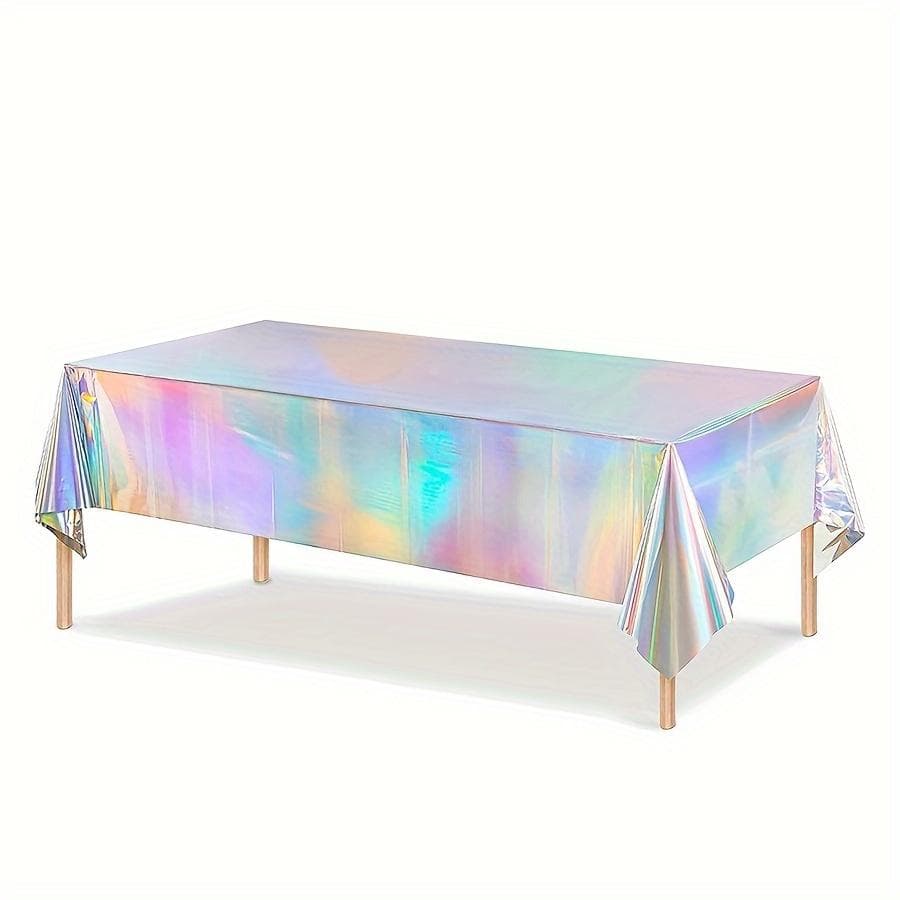 A glittery holographic disposable tablecloth - suitable for birthday, wedding and special event decorations - featherless, PE material