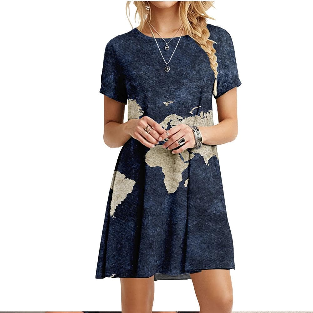 New Clothing For Summer Women World Map Dress Casual O-Neck Short Sleeve Loose Oversize Dress Fashion Ladies 3D Printed Dresses M