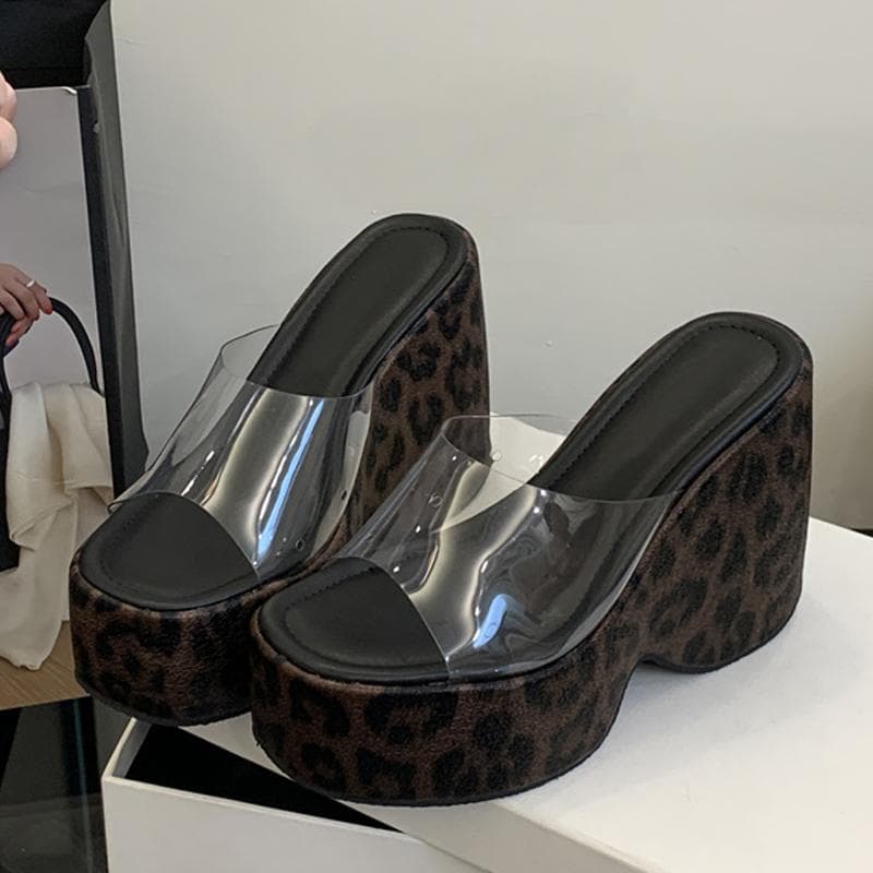 Liyke Summer Leopard Print Slippers For Women High Heels Fashion Open Toe Platform Sandals PVC Transparent Shoes Female Slides 35 black