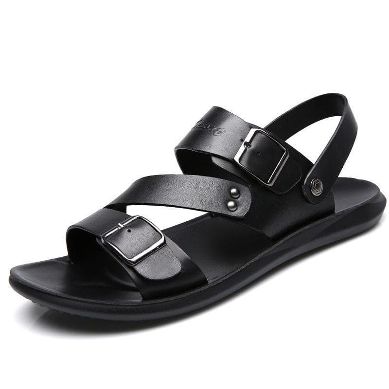 Fashion Sandals Male Solid Color PU Leather Men Shoes Summer Comfortable Open Toe Leather Mens Sandals Beach Leather Footwear 40 black