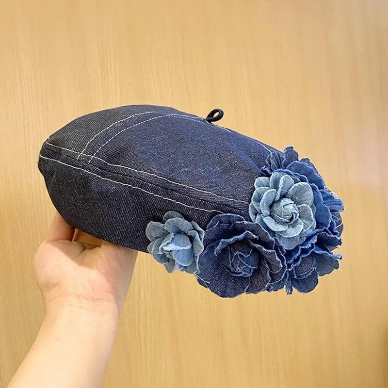 Flower Denim Beret Hats Spring Autumn Female Trendy Women Camellia Painter Caps Casual Cotton Beanie Hats