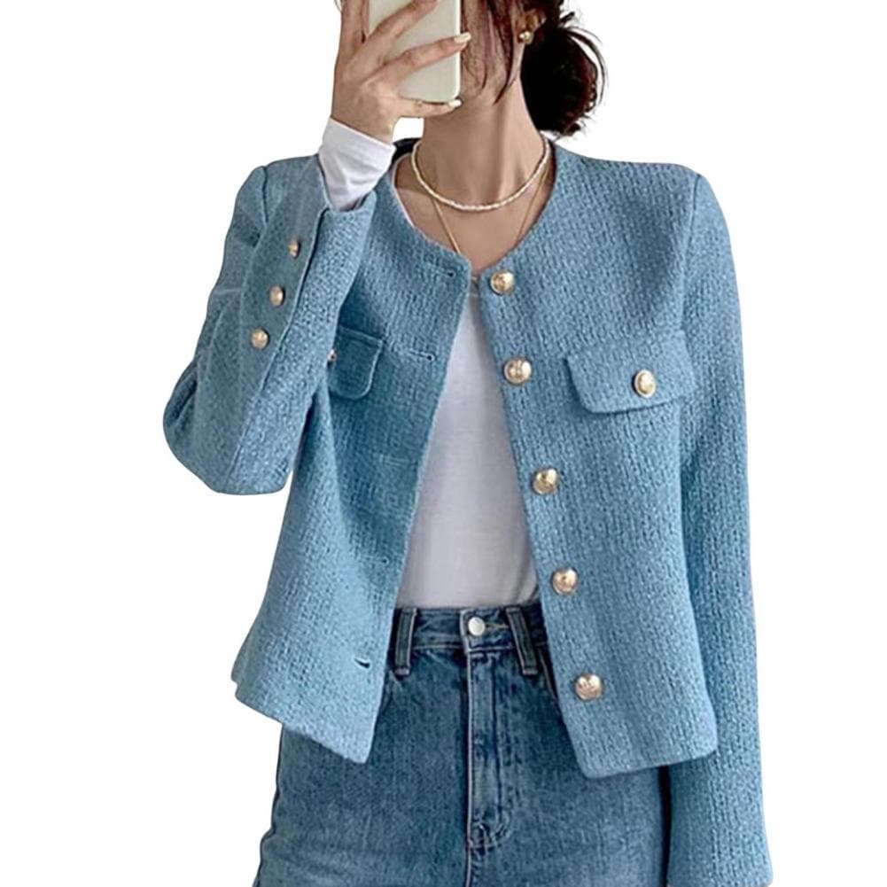 Short Style Jacket Stylish Single-breasted Women's Coat for Fall Spring Long Sleeves Cardigan In Solid Color Loose for Dating L blue