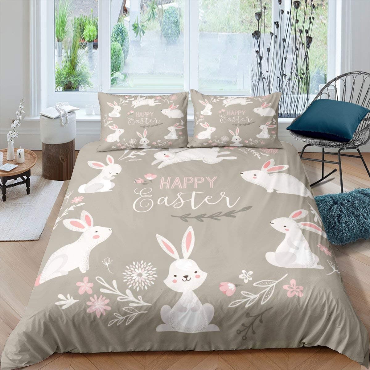 Rabbit Duvet Cover Set Happy Easter Comforter Cover for Kids Girls Farmhouse Animal Bedding Set Cute Kawaii Animals Quilt Cover 150x200cm 3pcs