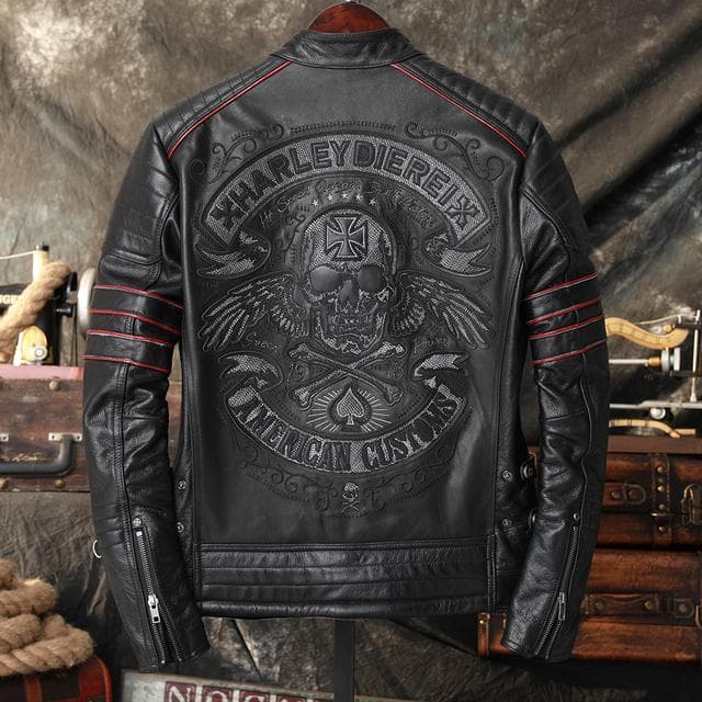 Embroidery Skull Motorcycle Genuine Leather Jackets Natural Cowhide Moto Biker Leather Coat Men 'S Spring and Autumn Clothing M black