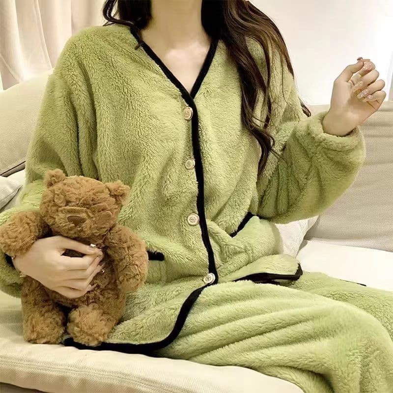 Maiden Flannel Pajamas Female Autumn Winter New Style Sweet Cardigan Can Be Worn Outside Coral Fleece Loungewear Set Pajamas 2XL