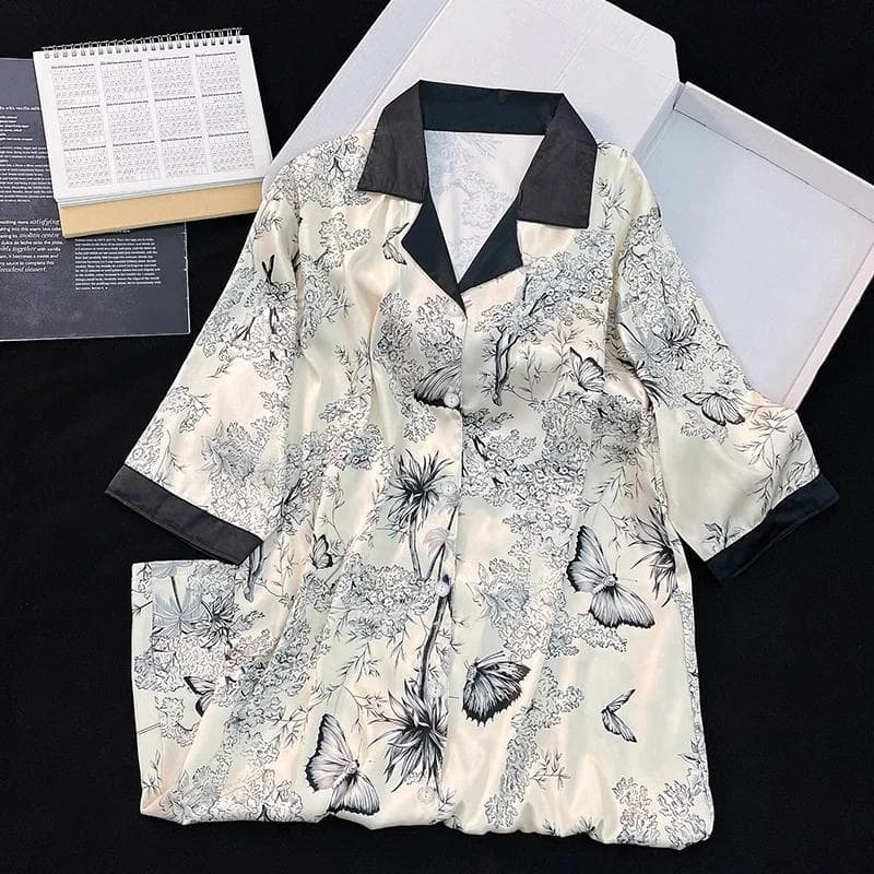 Flower & Butterfly Print Women's Nightskirt Elegant Herringbone Twill Shirt Skirt New SummerSleepskirt XXL black