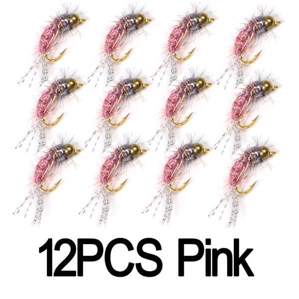 12PCS #12 Bead Head Nymphs Pink Blue Pearl Olive Purple Trout Fishing Nymph Flies #12 pink