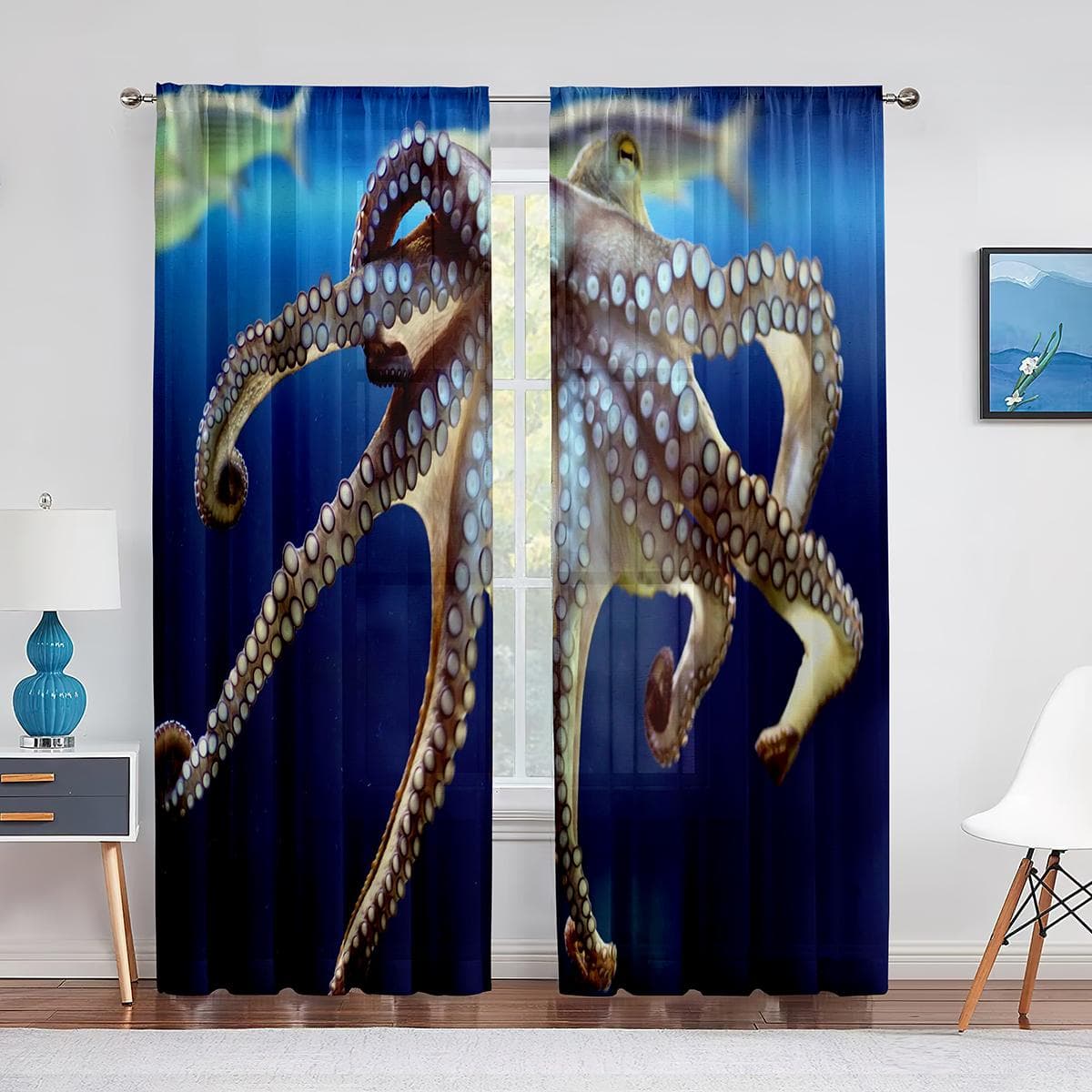 Ocean Kraken Blue Octopus Tentacles Marine Life Tulle Curtains for Living Room Bedroom Sheer Voile Window Curtains Party Drapes 1 PCS W250XH250cm&Grommet Top