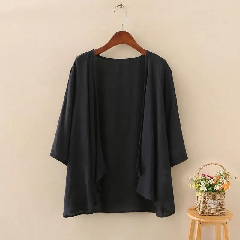 Women's Summer Solid Color Cardigan Tops Solid Color Loose 3/4 Sleeve Thin Beachwear Cover Ups Blouse Tops Batwing-sleeved Blouse One Size black