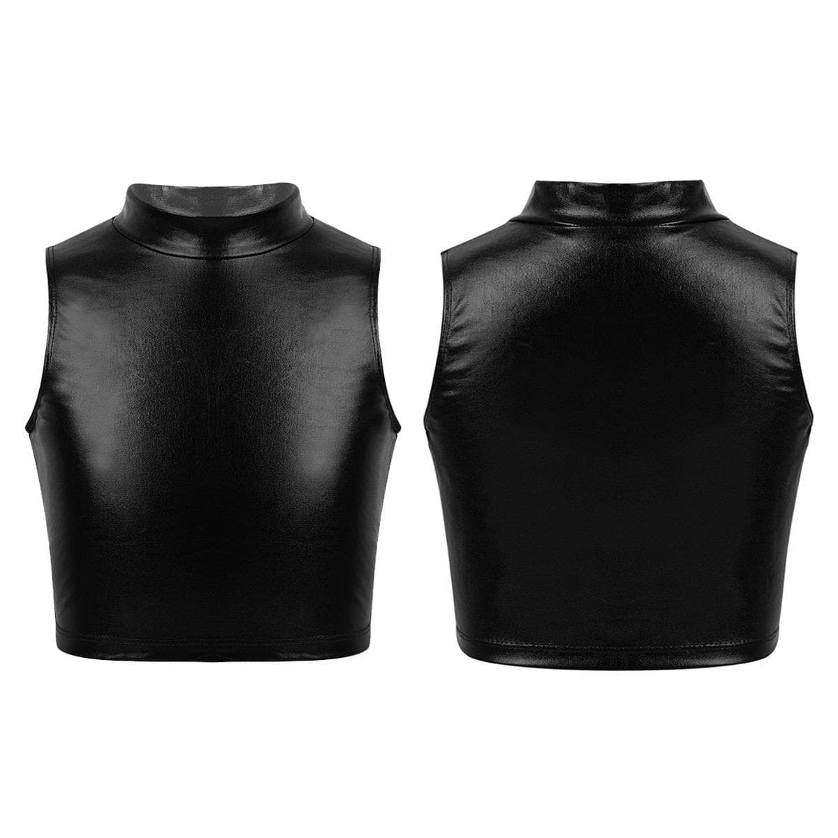 Big Girls Shiny Metallic High Turtleneck Cropped Tank Top Cami Tees for Yoga Dance Gym Sport Bra 13-14 Years black