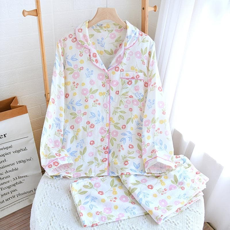 New Spring and Autumn Women's Pajamas Set 100% Cotton Women's Printed Long-sleeved Trousers Two-piece Home Set XL