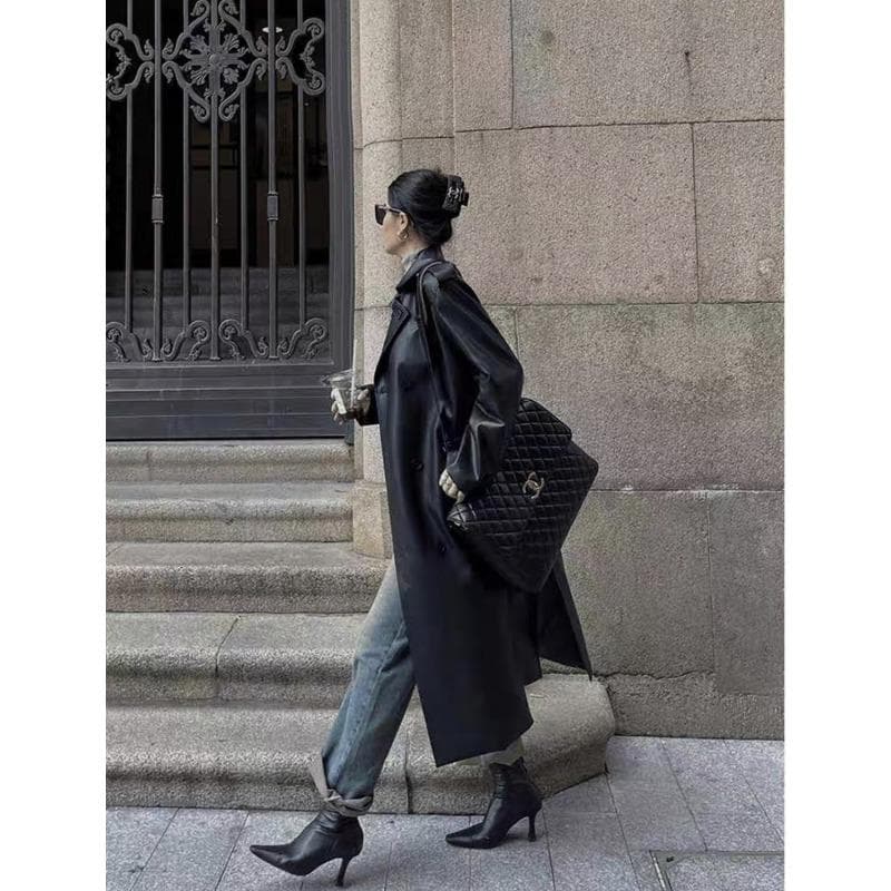 Black brown retro medium and long knee leather jacket women's new loose leather trench coat S black