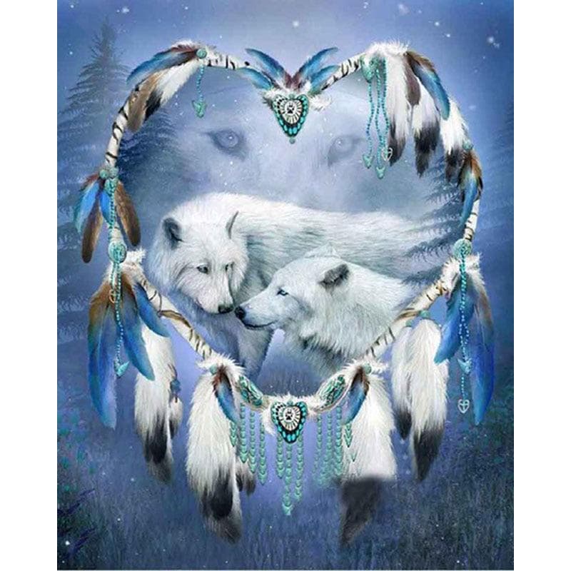 Diamond Painting Diamond Embroidery Two White Wolves Picture of Rhinestones Drawings Dreamcatcher 20X30CM