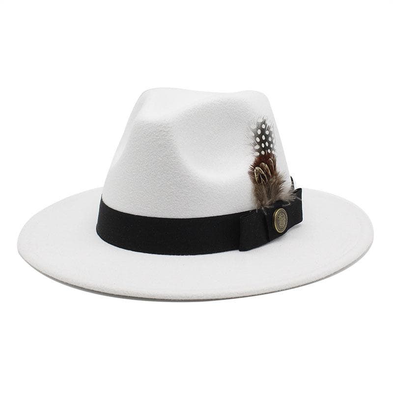 White Woolen Gentleman Classic British Jazz Feather Top Hat Wide Brim Party Church Wedding Fedora Hats Men Women Panama Felt Cap L 59-60cm white