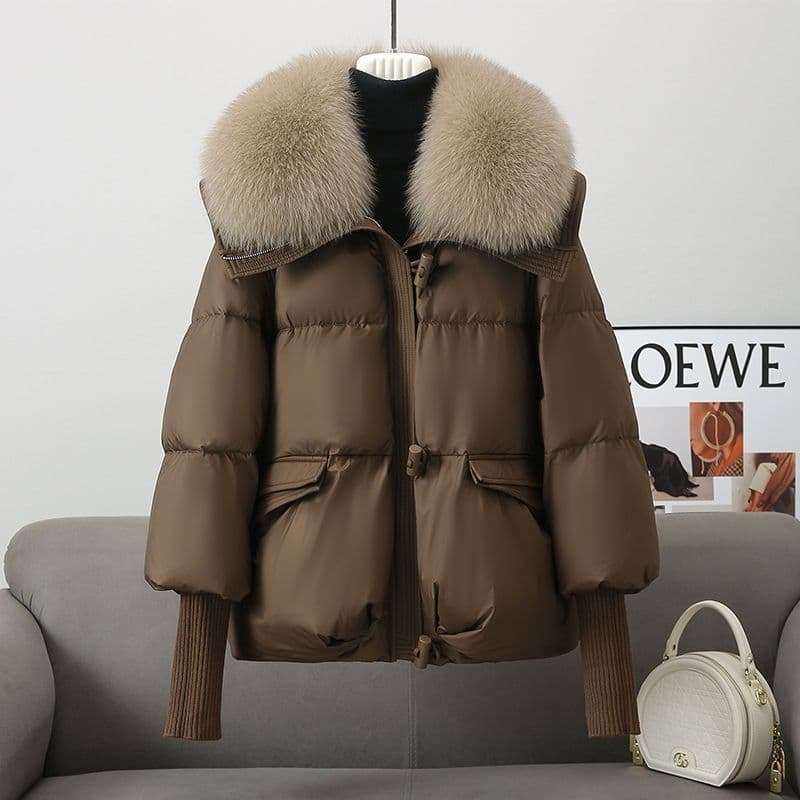 Brown Down Jacket Women Winter Coat New Fashion Warm Thick Short Loose Cotton Splicing Fur Collar Quilted Coat Women Clothing XXL coffee