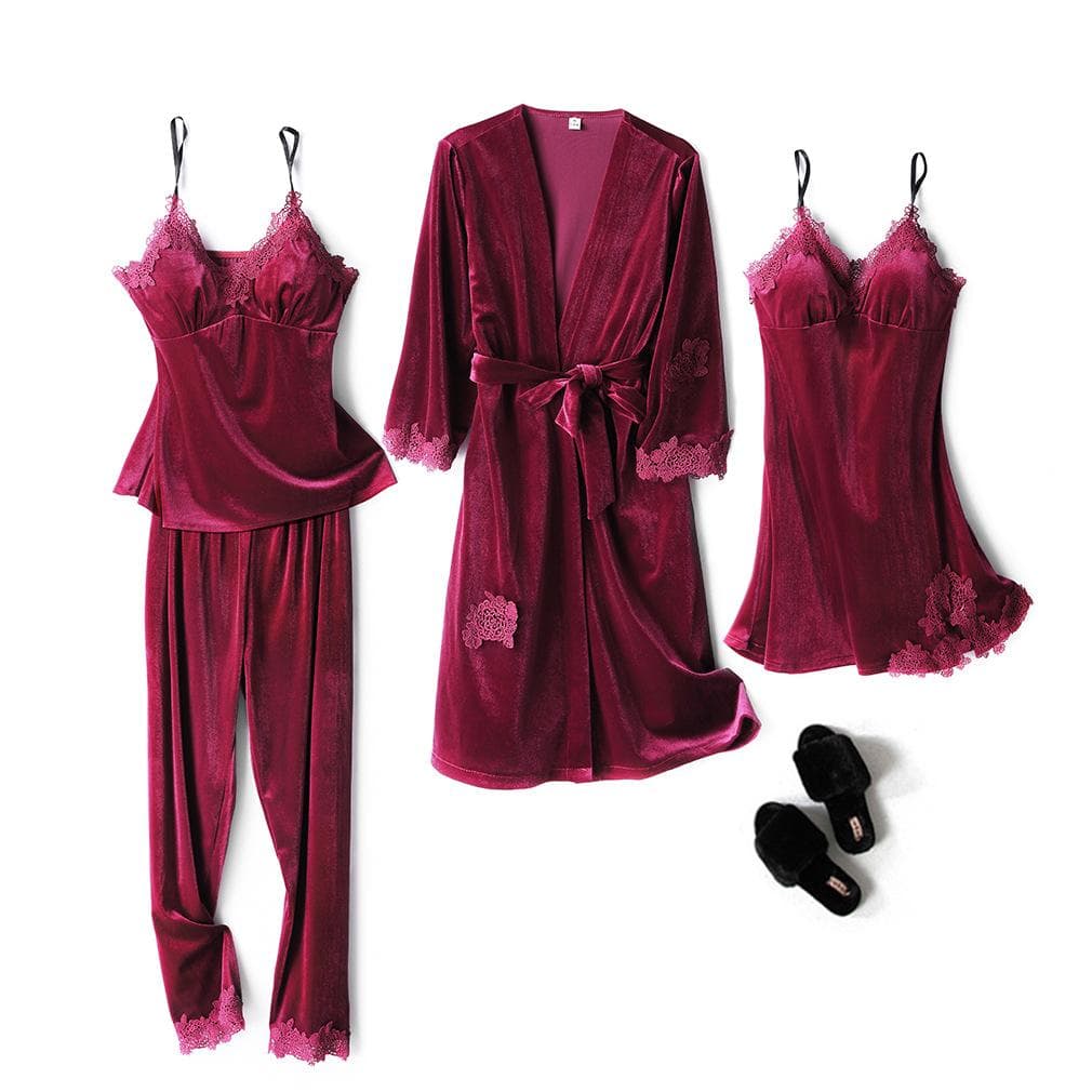Burgundy Velvet 4PCS Pajamas Set Wedding Robe Nightgown Autumn Winter Female Sleepwear Sexy Lace Trim Pijamas Suit Home Wear XL