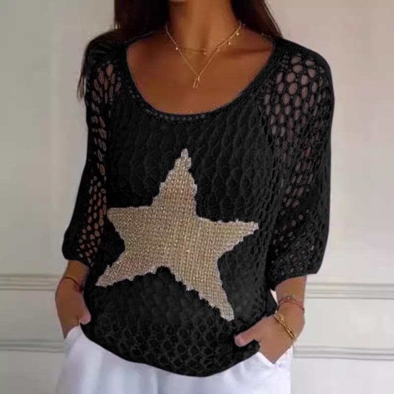 Chic European & American Five-Star Round Neck Sweater - Women's Elegant Three-Quarter Sleeve Top L black