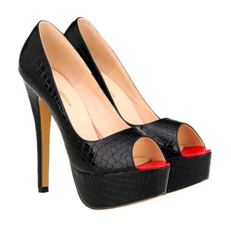 Women Sexy Pumps Shoes Peep Toe Platform High Heels New 14cm Crocodile Pattern Shallow Party Dress Work Ladies Red Wedding Shoes 40 black