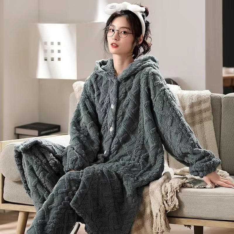 Women's Pajamas Sets Hooded Nightgown Plush Coral Fleece Sleepwear Women Winter Thicken Pyjamas Suit Cartoon Home Outerwear New XL grey