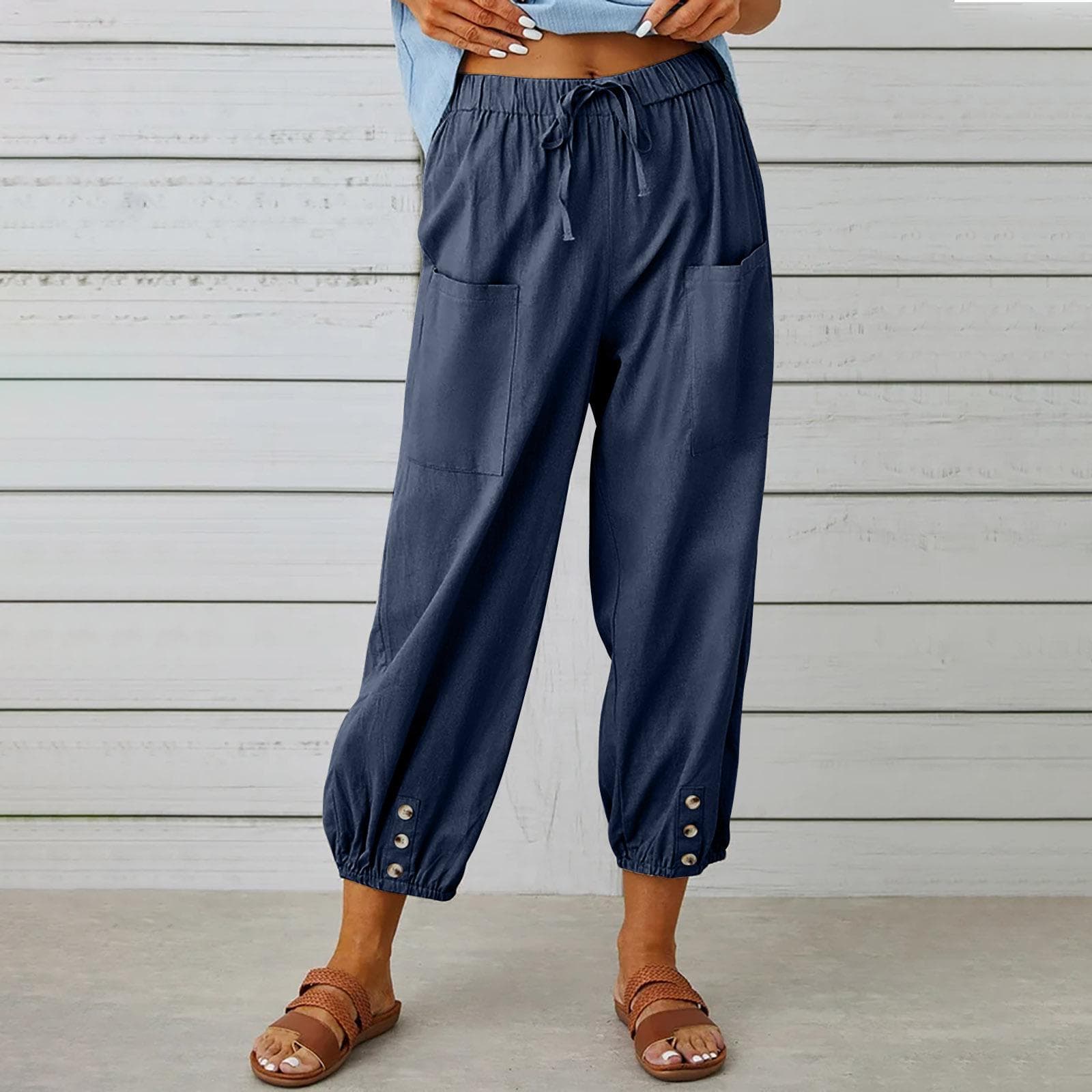 Summer Women's Pants Loose High Waist Button Cotton Linen Pants Nine-point Pants Wide Leg Pants M navy blue