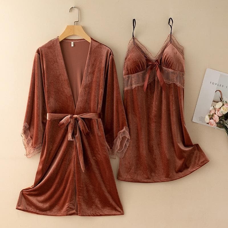 New Autumn Velvet Pajamas Two-piece Robe Set Feminine Lace See-through Robe Bathrobe Casual Velvet Home Clothes M