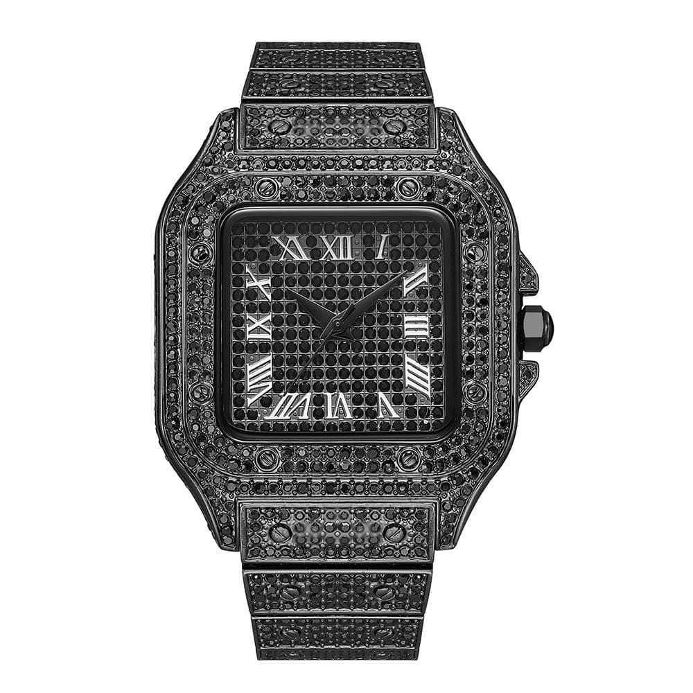 MISSFOX Ice Out Square Watch For Men Top Brand Luxury Full Diamond Mens Watches Ultra Thin Waterproof Hip Hop Clock black