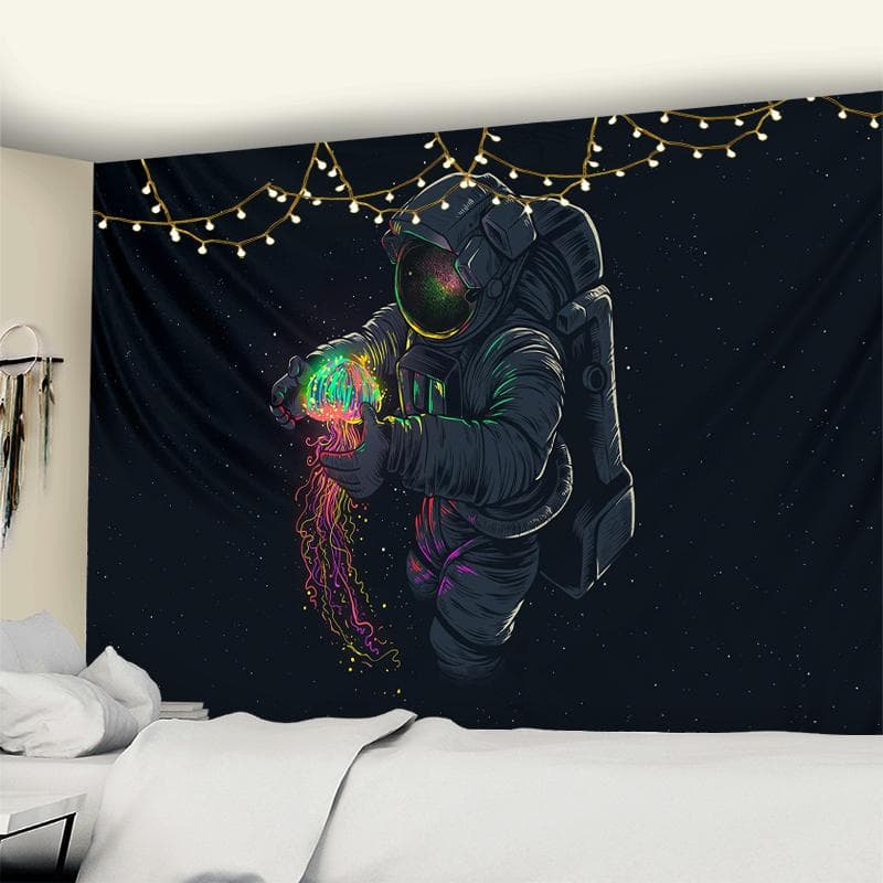Astronaut Wall Tapestry With Black Background Colour Jellyfish Interstellar Sky Tapestry Wall Hnaging Hippie Boho Dorm Decor 95x70CM