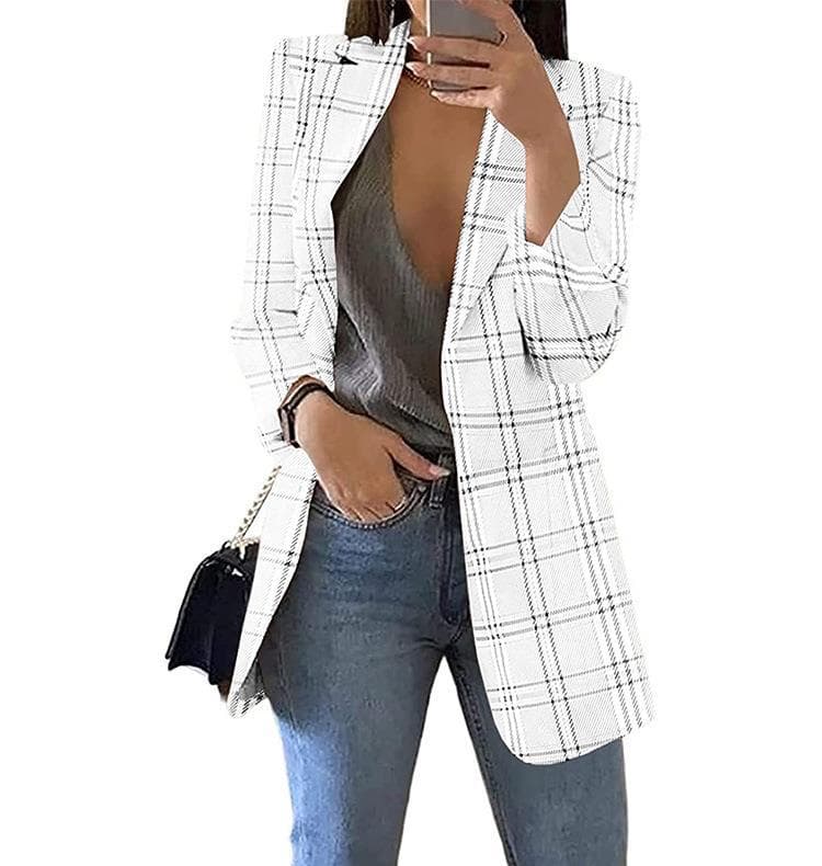 Women's Spring and Autumn Checkered Casual Blazer Slim Lapel Commuter Jacket XL white