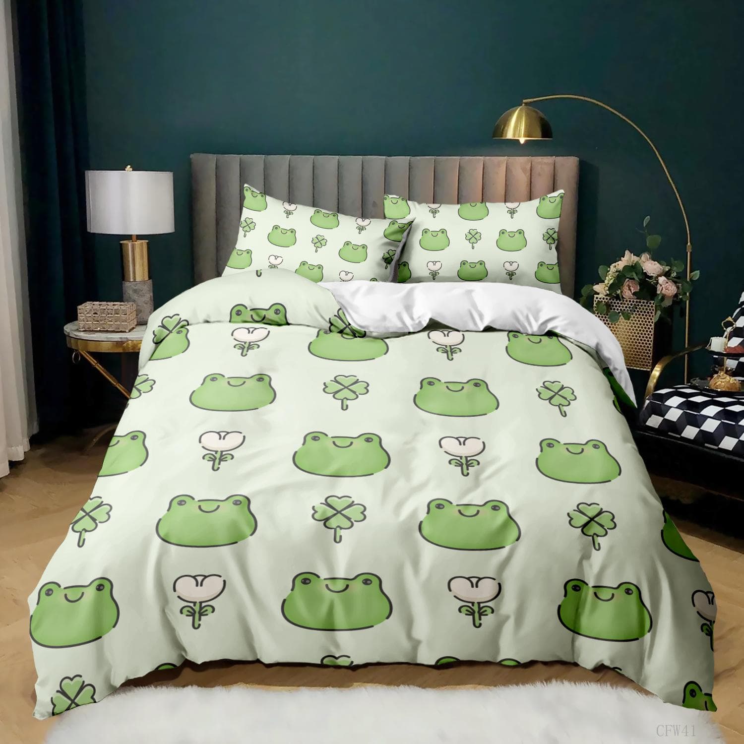 Animal Frogs Duvet Cover Set King Queen Size Green Lovely Cartoon Frog Bedding Set Kids Toad 2/3pcs Polyester Comforter Cover 200x230cm 3pcs
