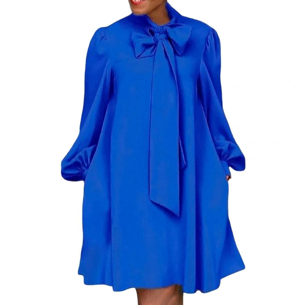 Women Loose Dress Lace-up Bow Neck Long Lantern Sleeves Solid Color Knee Length Formal OL Commute Midi Dress L blue