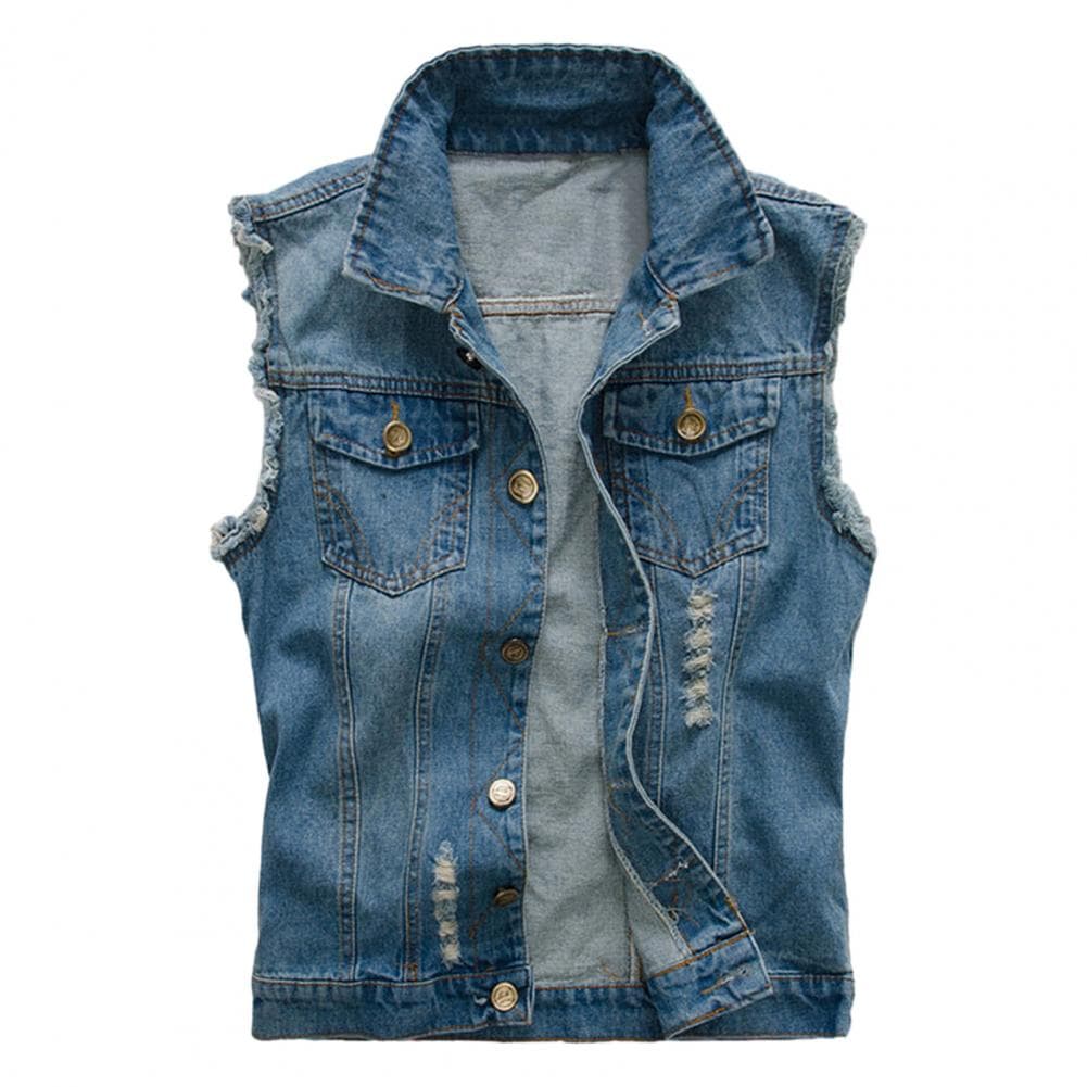 Men Vest Coat Ripped Sleeveless Plus Size Single-breasted Pockets Solid Color Lapel Hip Hop Streetwear Soft Cardigan Denim Waist M blue