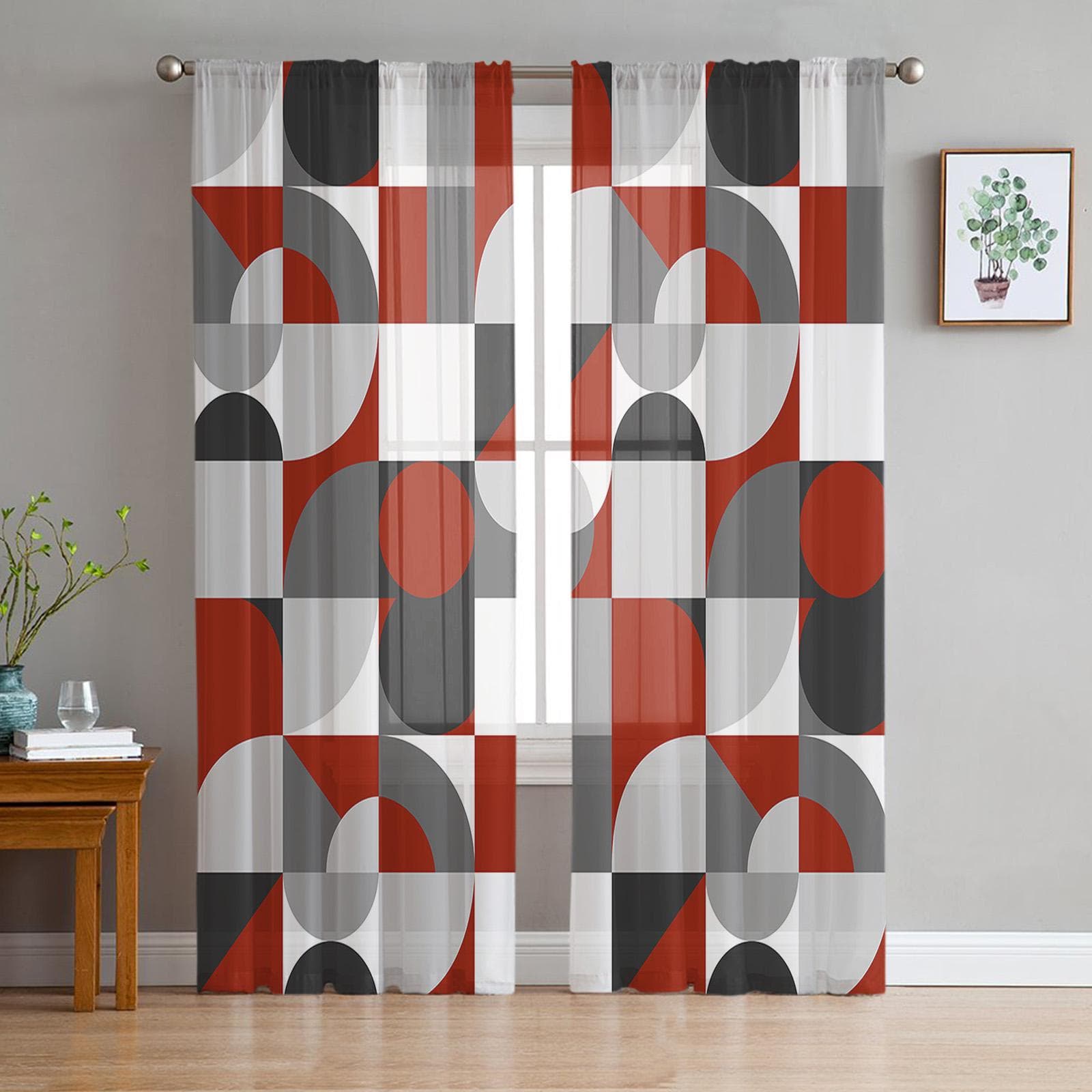 Scandinavian Medieval Geometric Color Voile Sheer Curtains Living Room Window Tulle Curtain Kitchen Bedroom Drapes Home Decor 135W x 114H(cm)