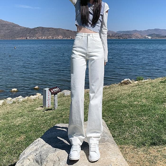 Slim Straight-leg Pants for Women In Autumn High Waist Straight-leg Jeans White Cigarette Pants Floor-moving Pants for Women 2XL