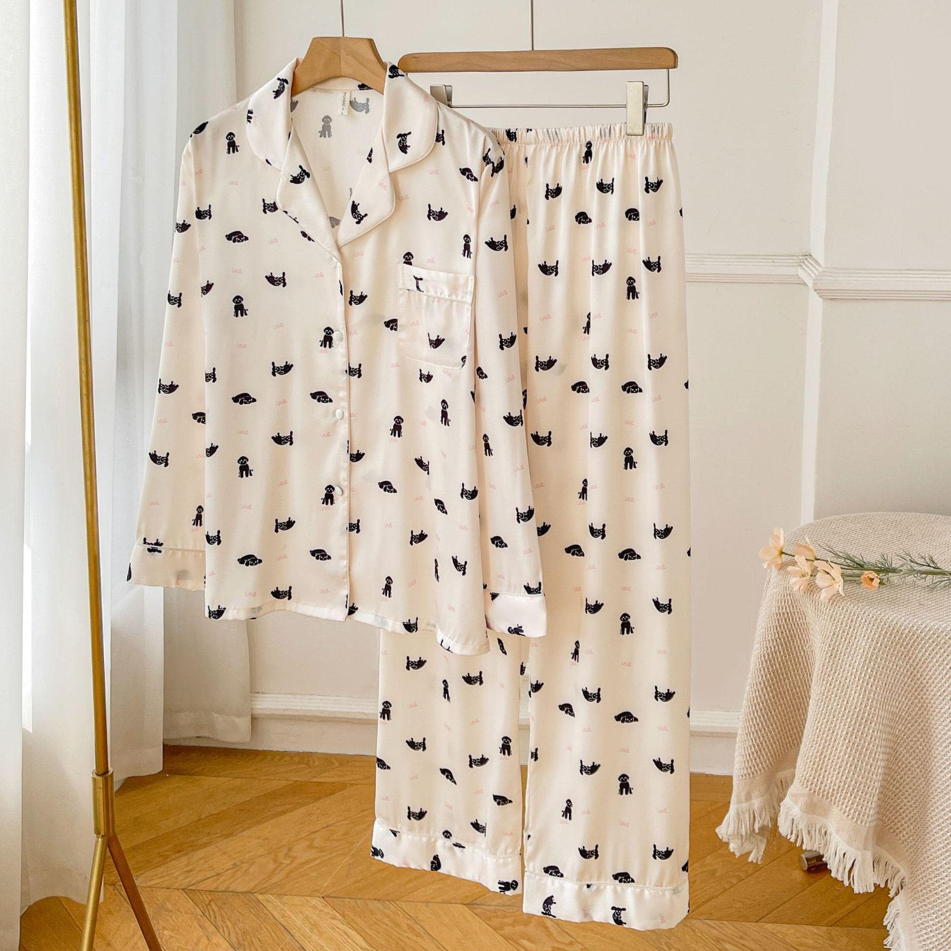 Flip Collar Cartoon Printed Pajamas Suit Autumn New Long Sleeve Shirts Sleepwear Satin Thin Home Clothes Women's Lounge Wear XL