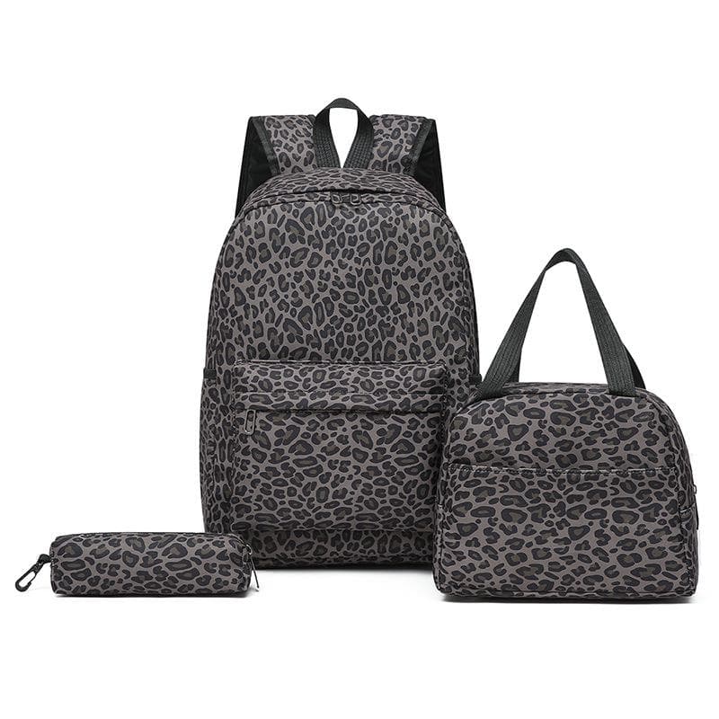 Three-Piece Backpack Set Large Capacity Women's Leopard Print Backpack Student Schoolbag black