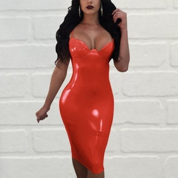 2021 Fashion Women's Leather Latex Sleeveless Suspender Dress Zipper Split Tie Mirror Nightclub Dress 4XL red