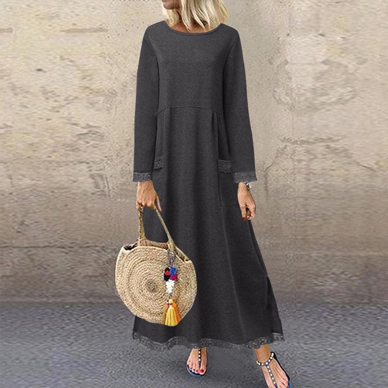 ZANZEA Autumn Winter Long Sweatshirt Dress Womens Casual O-neck Long Sleeve Lace Patchwork XL dark grey