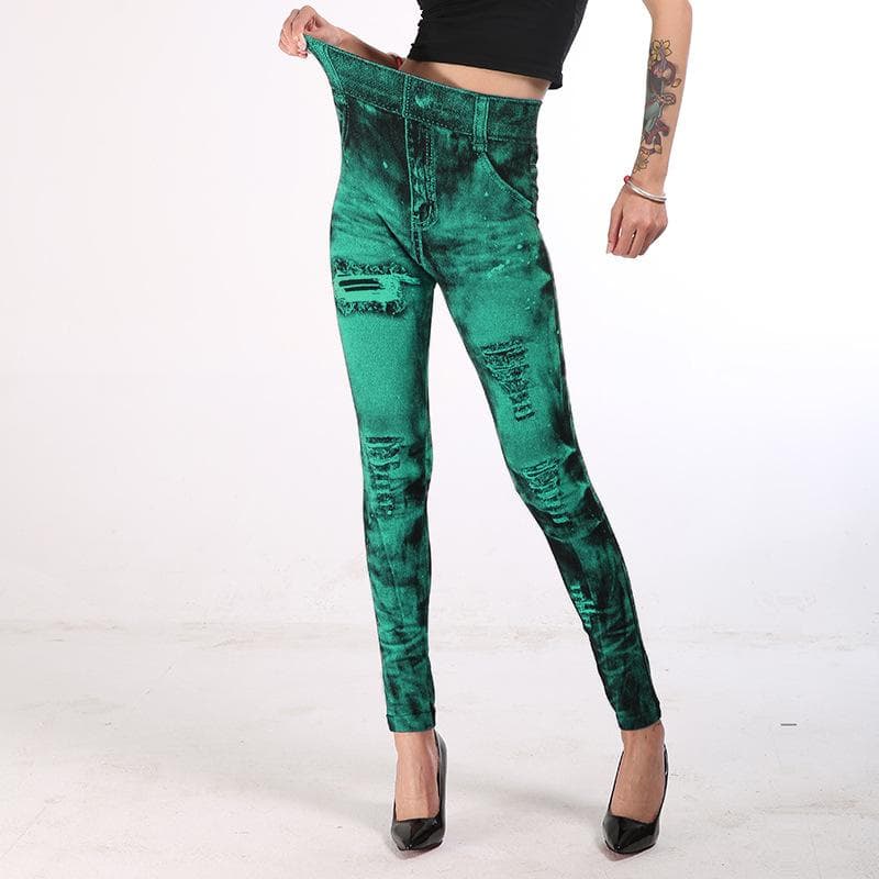 Sexy Elastic Imitation Faux Jeans Leggings High Waist Pants Fitness Slim Leggins Sport Push Up Leggings For Women 2XL