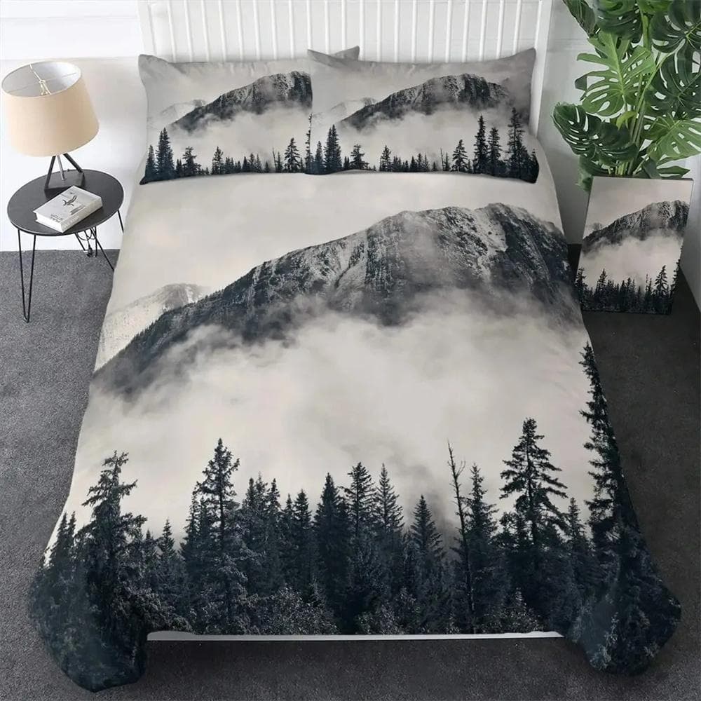 Smoky Mountain Duvet Cover Set Misty Forest Bedding Set Full Queen Size Grey Trees Natural Scenery Art Comforter Cover 228X228cm-3pcs