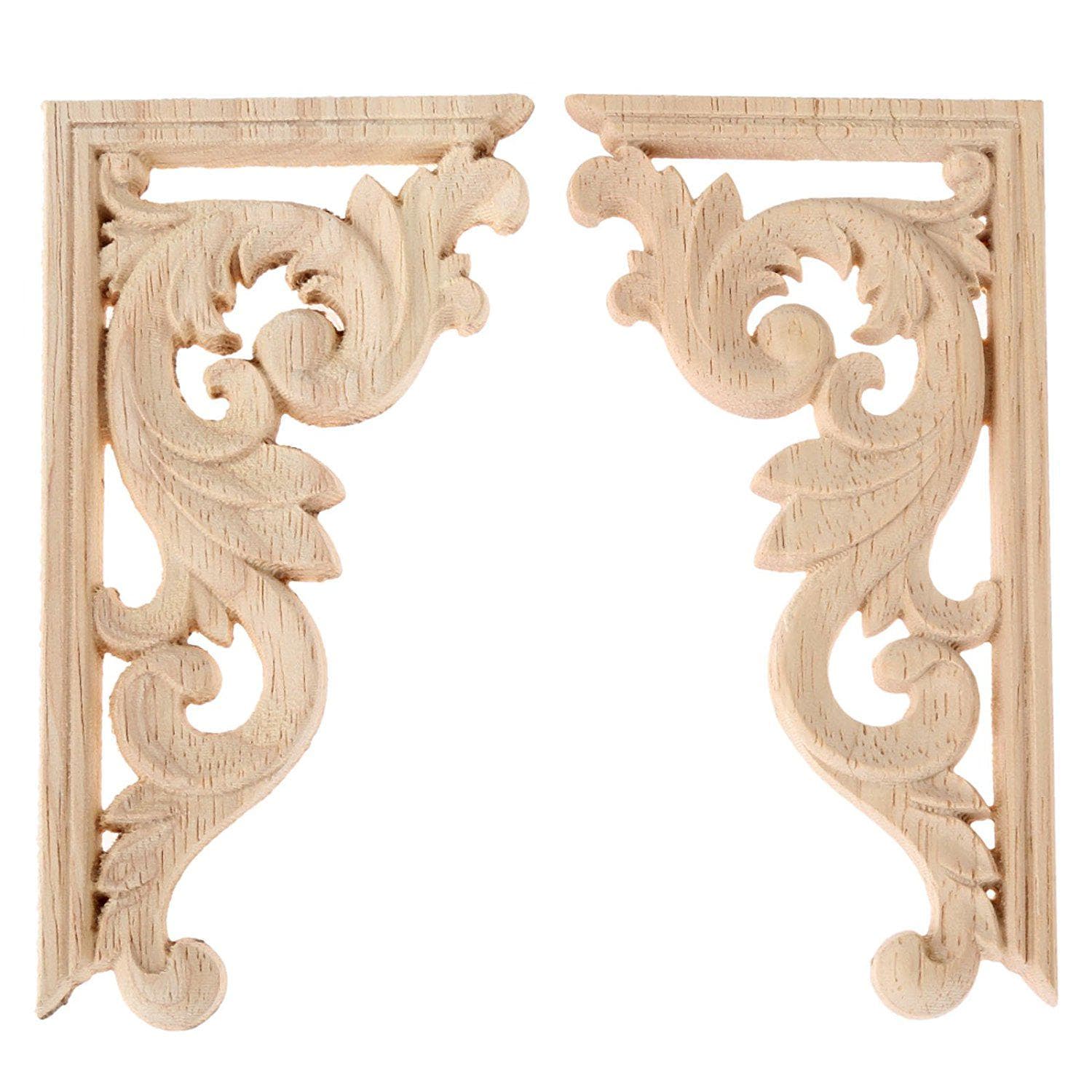 2pcs left+right(each 1pcs) Vintage Wooden Carved Corner Onlay Wall Decor Unpainted Frame Applique