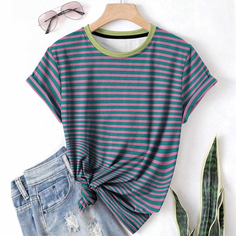 Striped Casual Sports Women's T-shirt Summer Round Neck Short Sleeved Element Pattern Checkered Loose Fit T-shirts XL